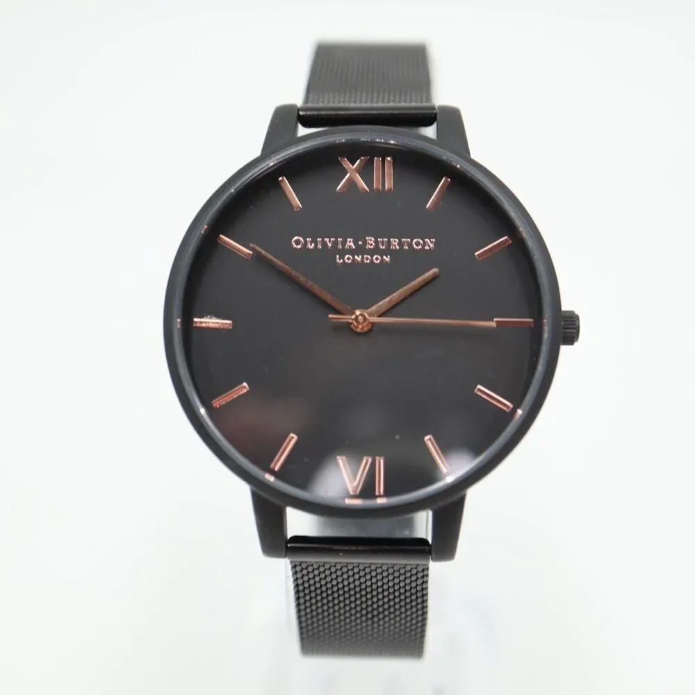 Olivia Burton Black Rose Gold Tone Watch 38mm Dial Steel Mesh Strap New Battery